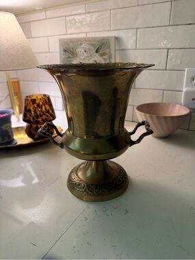 Brass Decorative Urn Vase with Ornate Handles - Brass Color